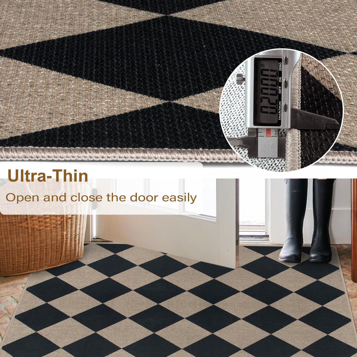 Rugalia Low-pile entry rug allows smooth door movement.
