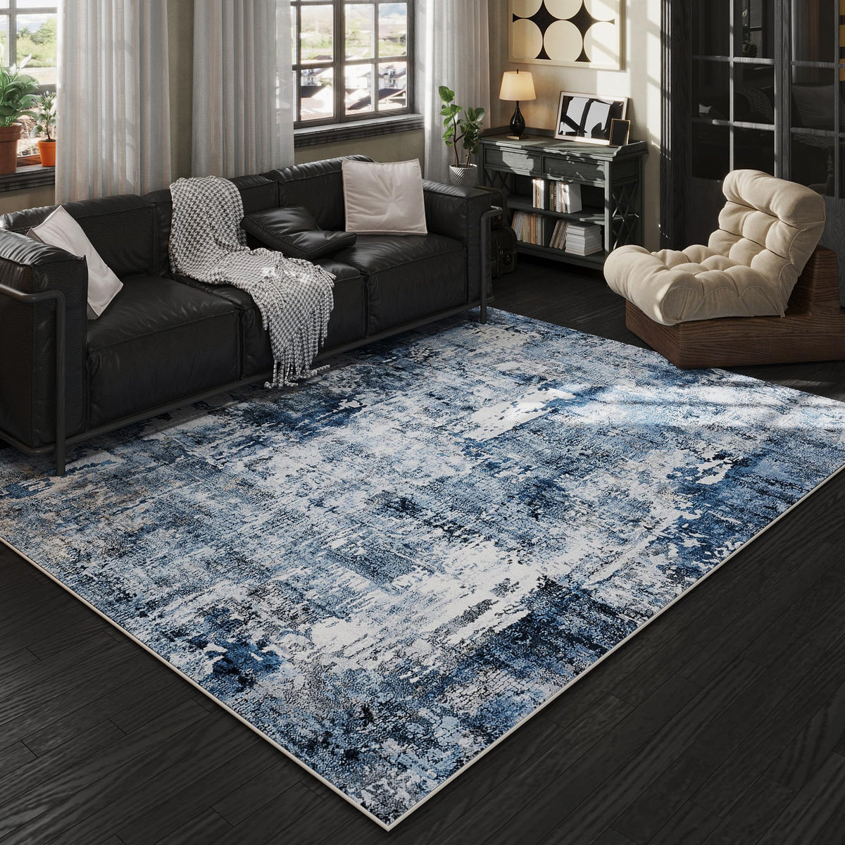 Rugcomf 5x7 washable Boho blue rug with abstract pattern, ideal for living rooms.