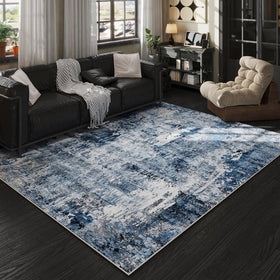 Rugcomf 5x7 washable Boho blue rug with abstract pattern, ideal for living rooms.