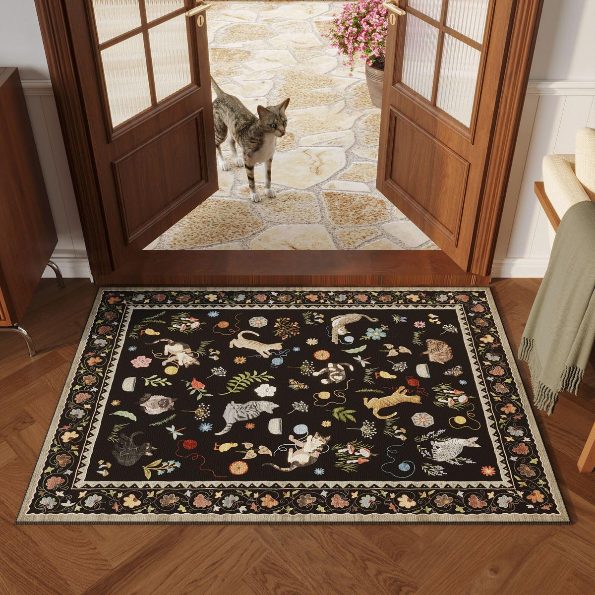 Rugcomf boho floral animal design rug adds charm while deterring dirt.