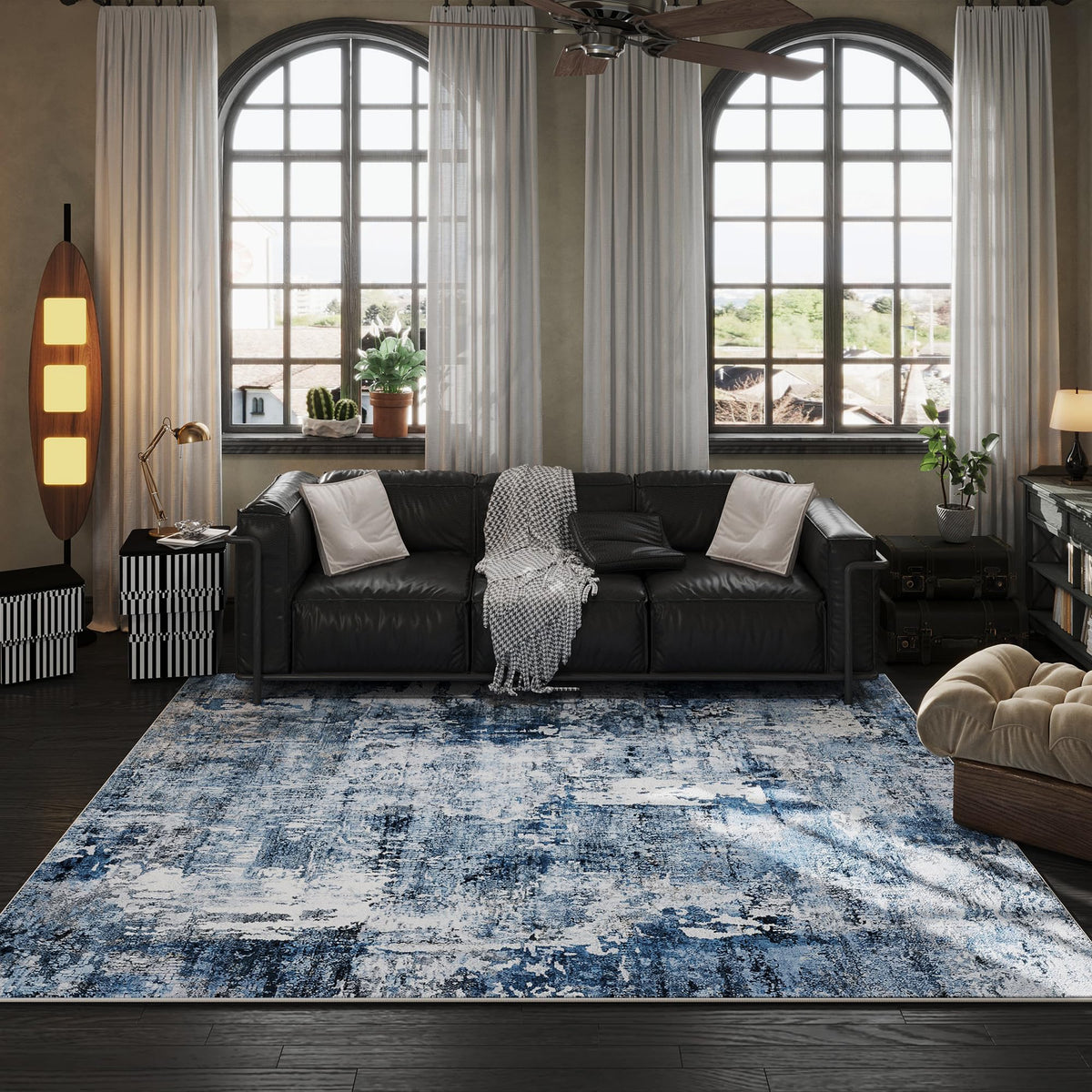 Rugcomf Boho floral pattern blue rug blends vintage tones with modern decor.