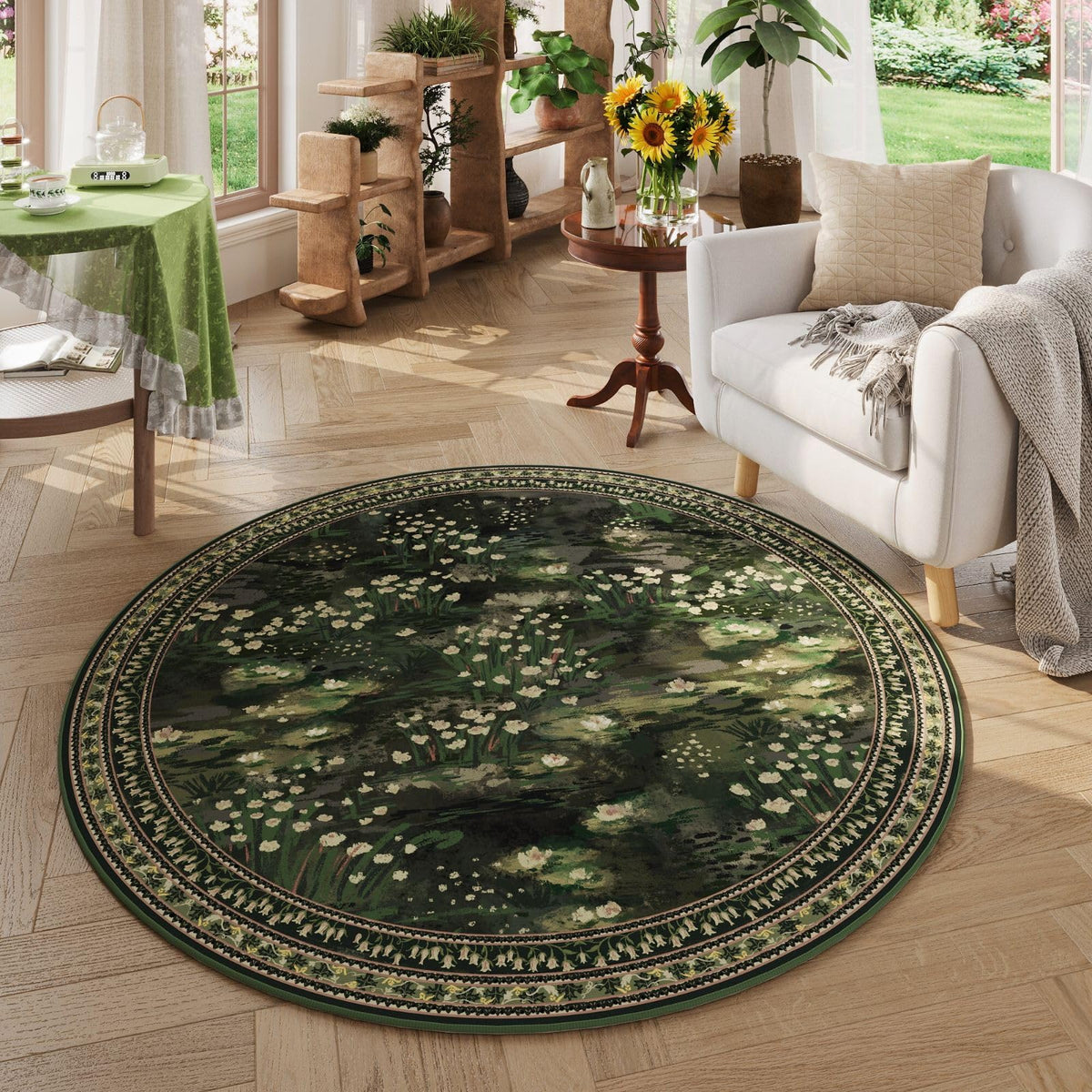 Rugcomf Circle Rug Impressionist-style in green adds cozy ambience to a bedroom