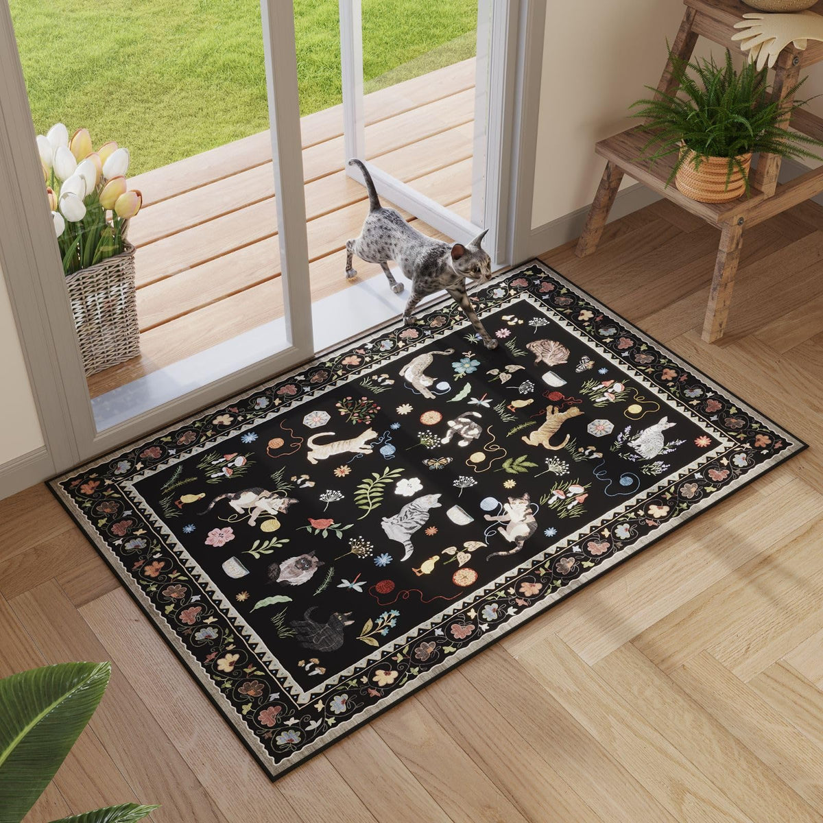 Rugcomf door mat 2x3 black with boho design offers easy cleaning for entryways.