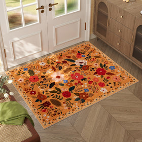 Rugcomf door mat with boho floral yellow design for indoor entryways.