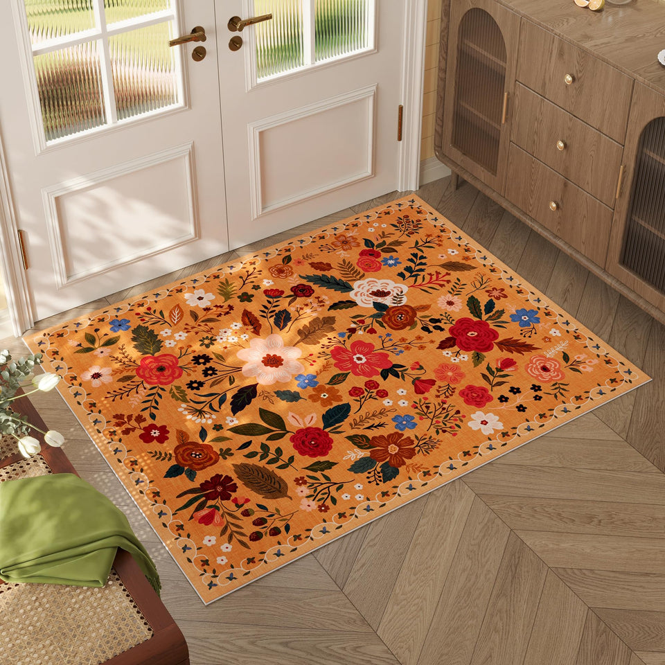 Rugcomf door mat with boho floral yellow design for indoor entryways.