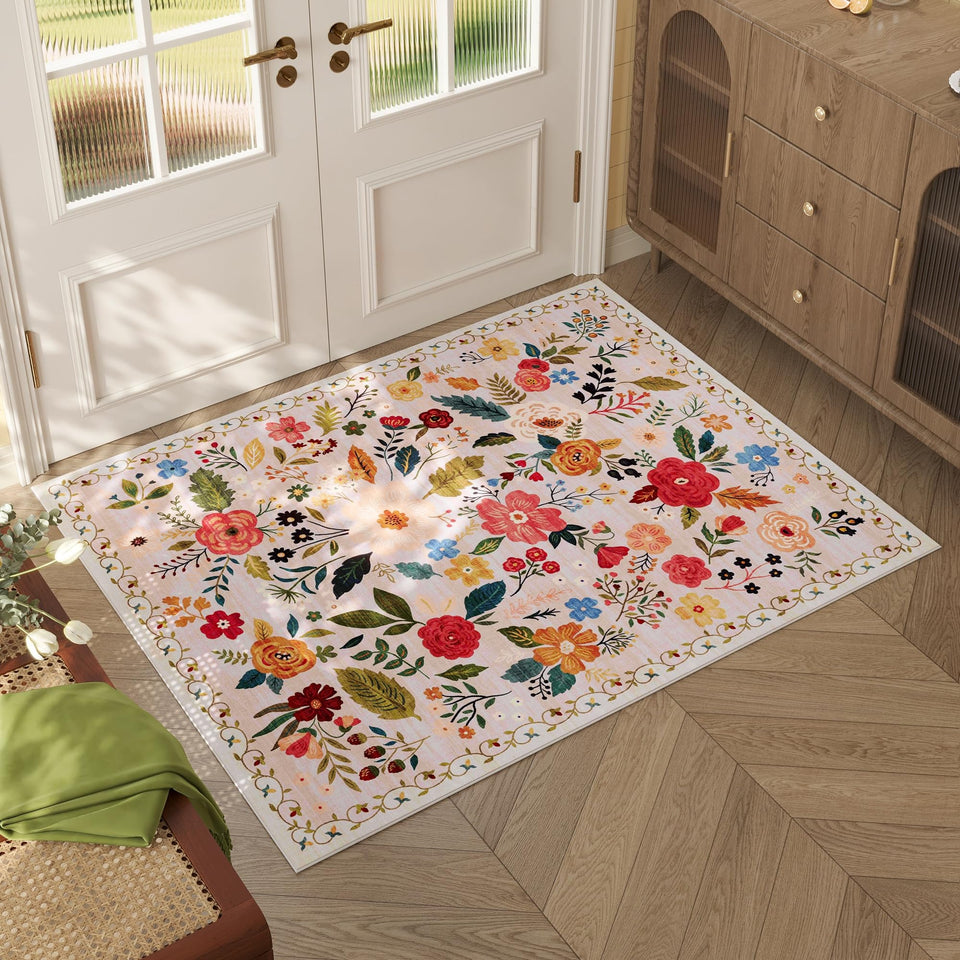 Rugcomf door mat with boho floral pattern adds style to entryways and hides dirt