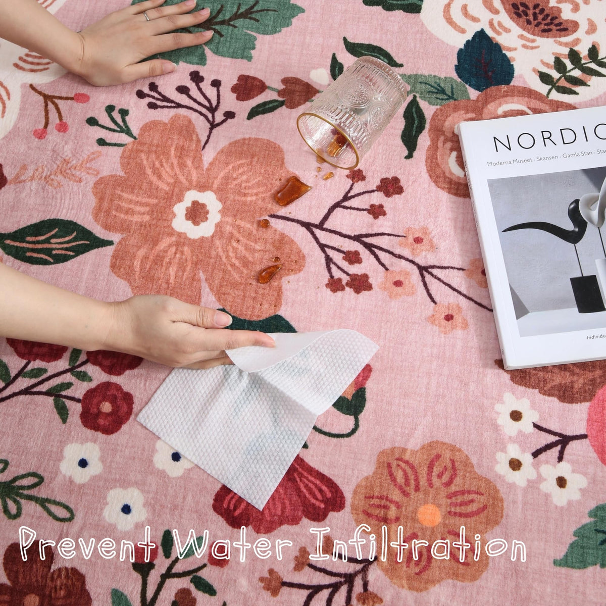 Rugcomf 2x3 pink indoor mat with boho floral detailing for easy cleaning.
