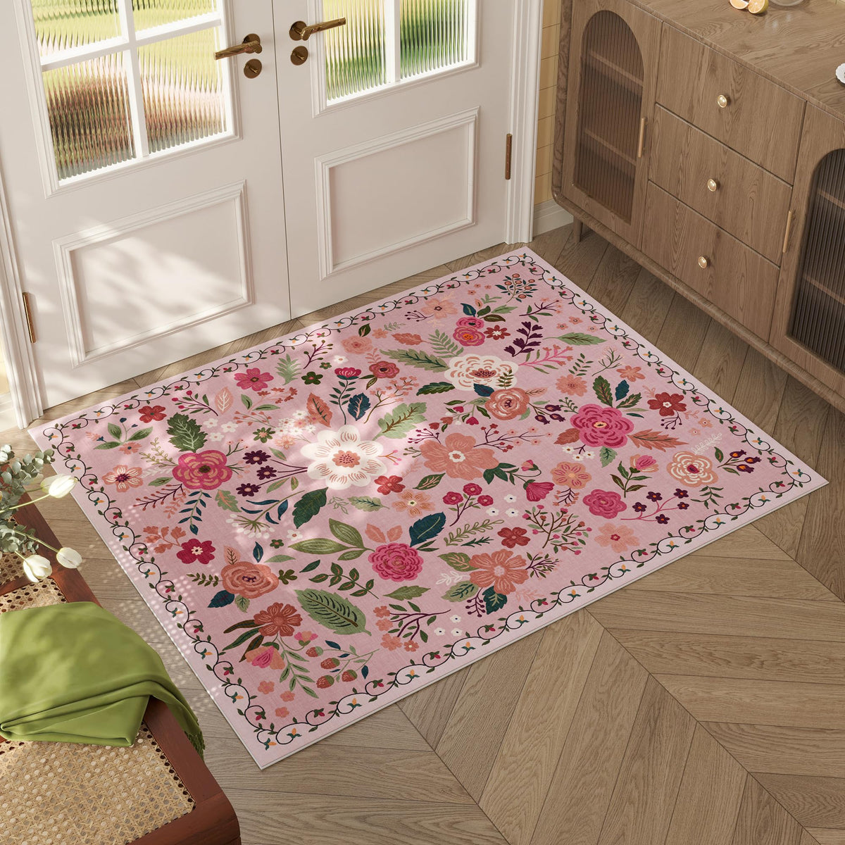Rugcomf pink boho floral door mat with non-slip backing for entryways.