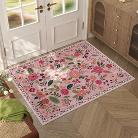 Rugcomf pink boho floral door mat with non-slip backing for entryways.