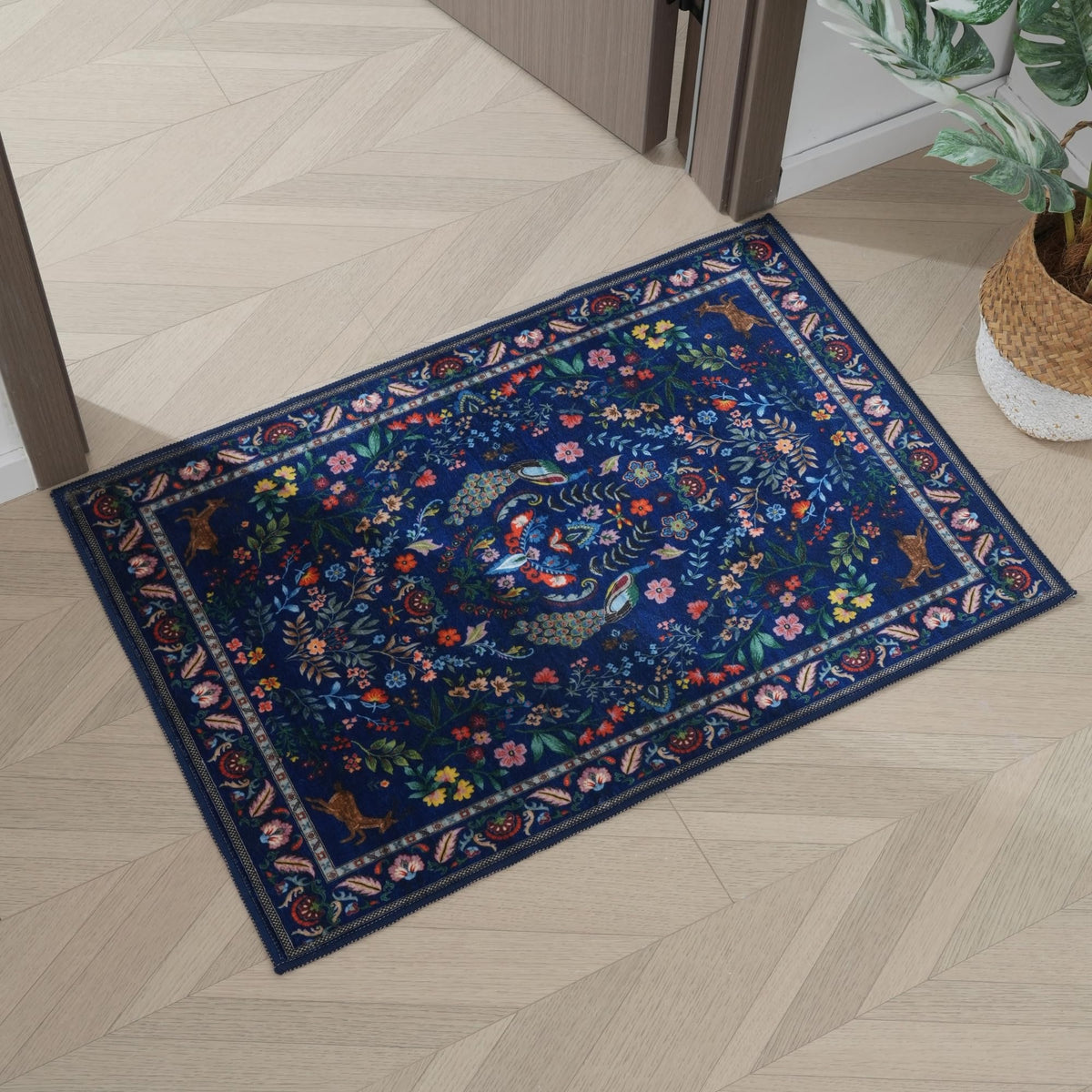 Rugcomf durable velvet fibers blue rug withstands daily use