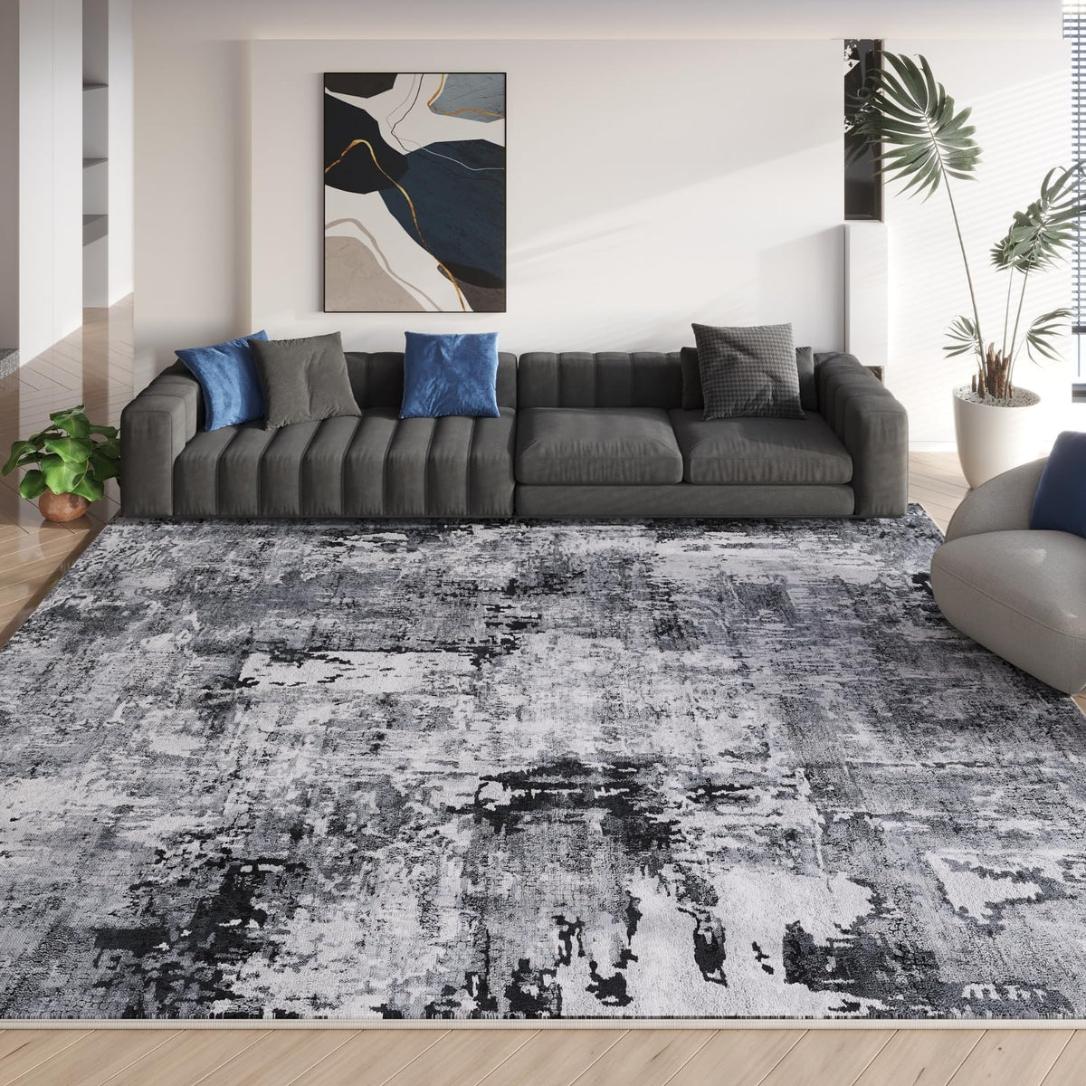 Rugcomf easy-care rug fits under furniture without snagging doors.