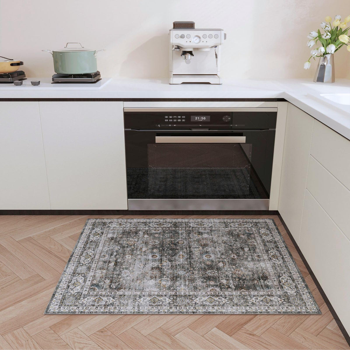 Rugcomf entryway rug in grey suits busy hallways and doors.
