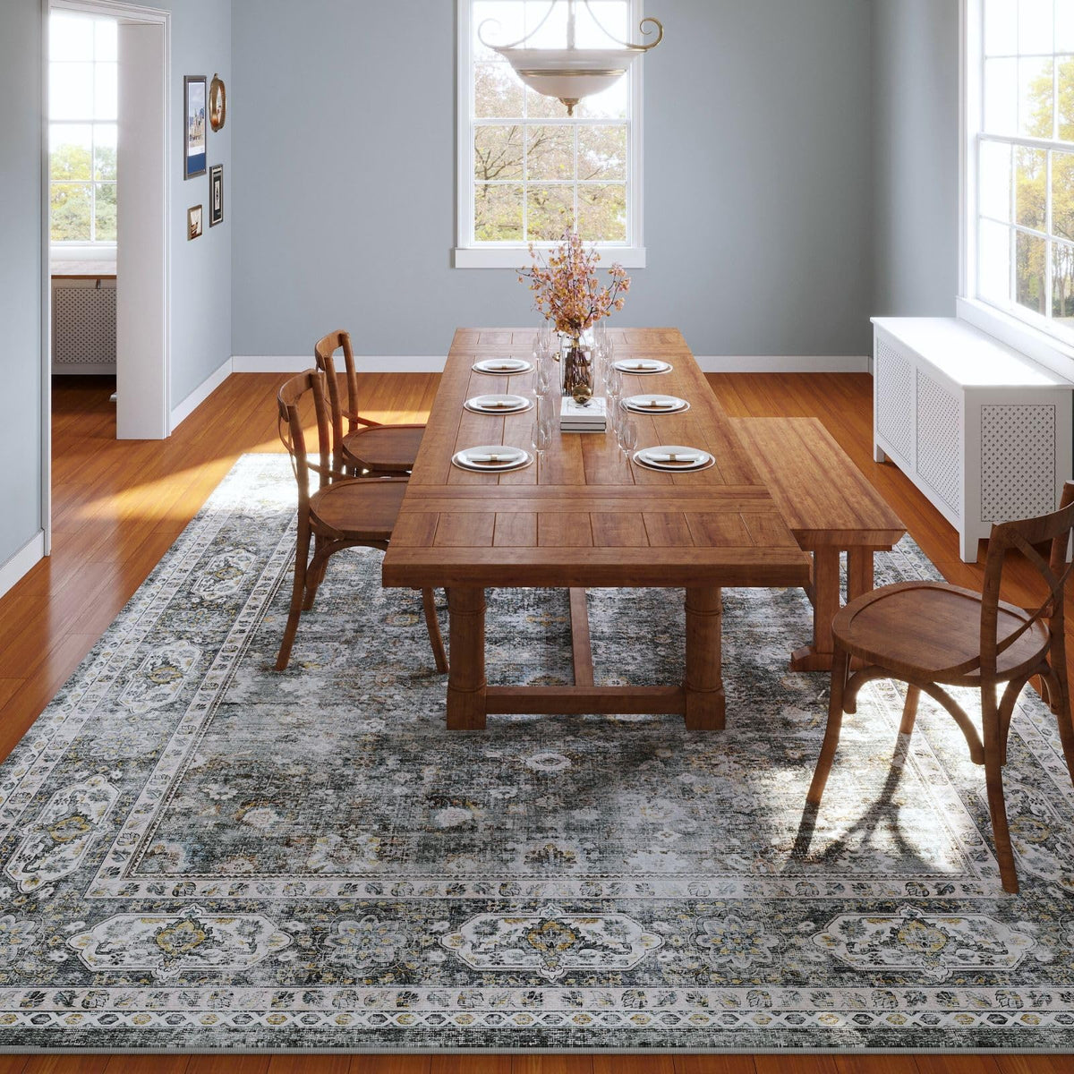 Rugcomf grey colorway complements modern farmhouse interiors.