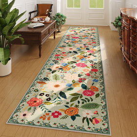 Rugcomf hallway runner in green floral design with non-slip grip for busy corridors.