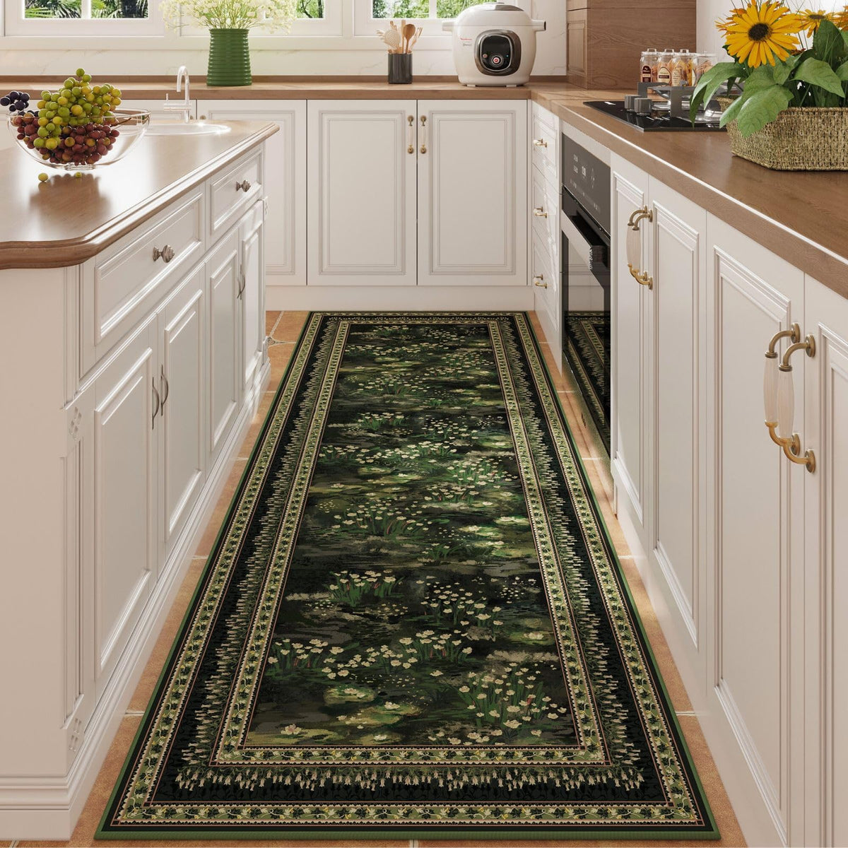 Rugcomf impressionist-style 2x6 runner in green enhances cozy kitchen ambience
