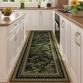 Rugcomf impressionist-style 2x6 runner in green enhances cozy kitchen ambience