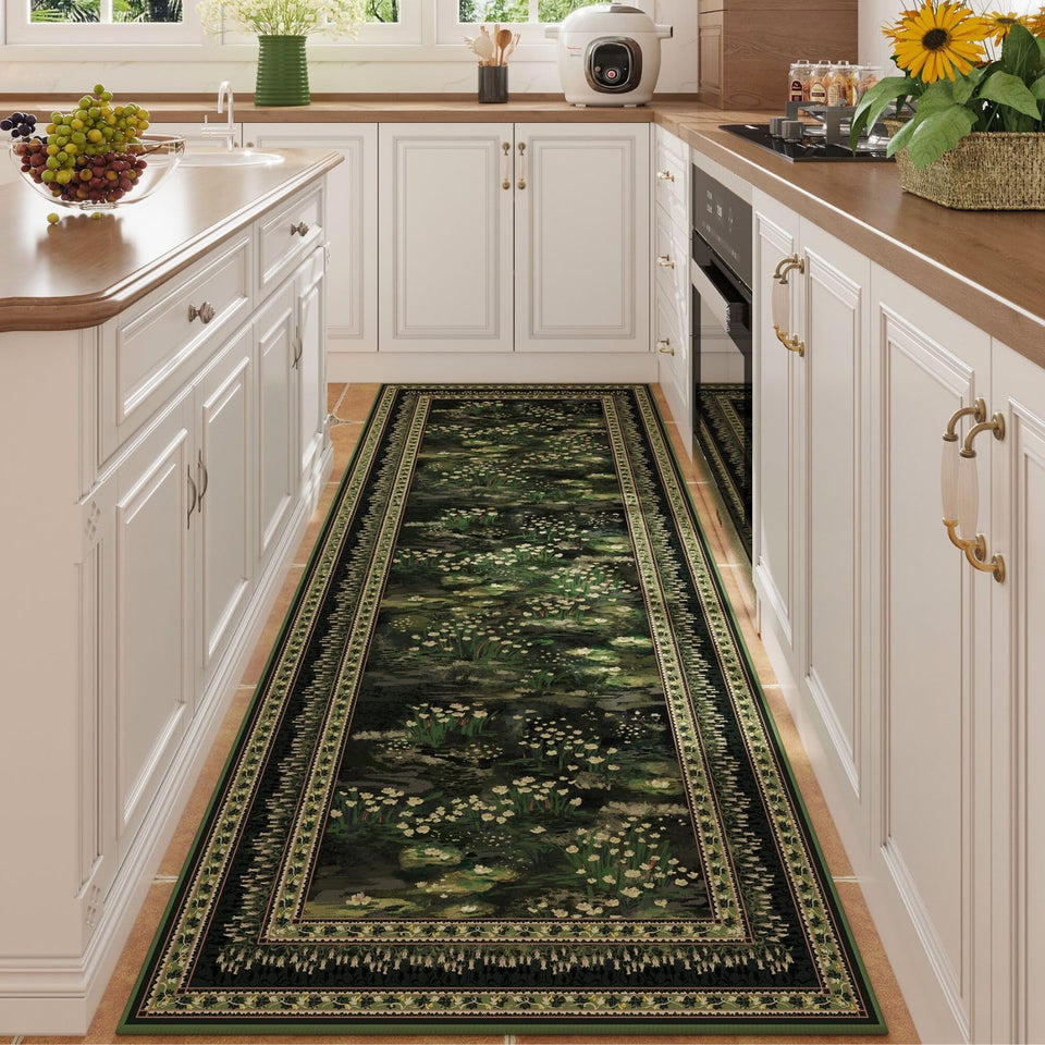 Rugcomf impressionist-style 2x6 runner in green enhances cozy kitchen ambience