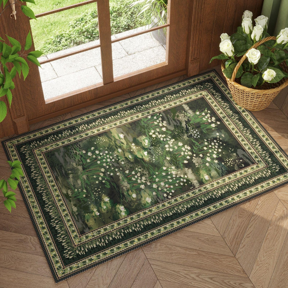 Rugcomf impressionist-style vintage door mat in green with soft texture for entryways.