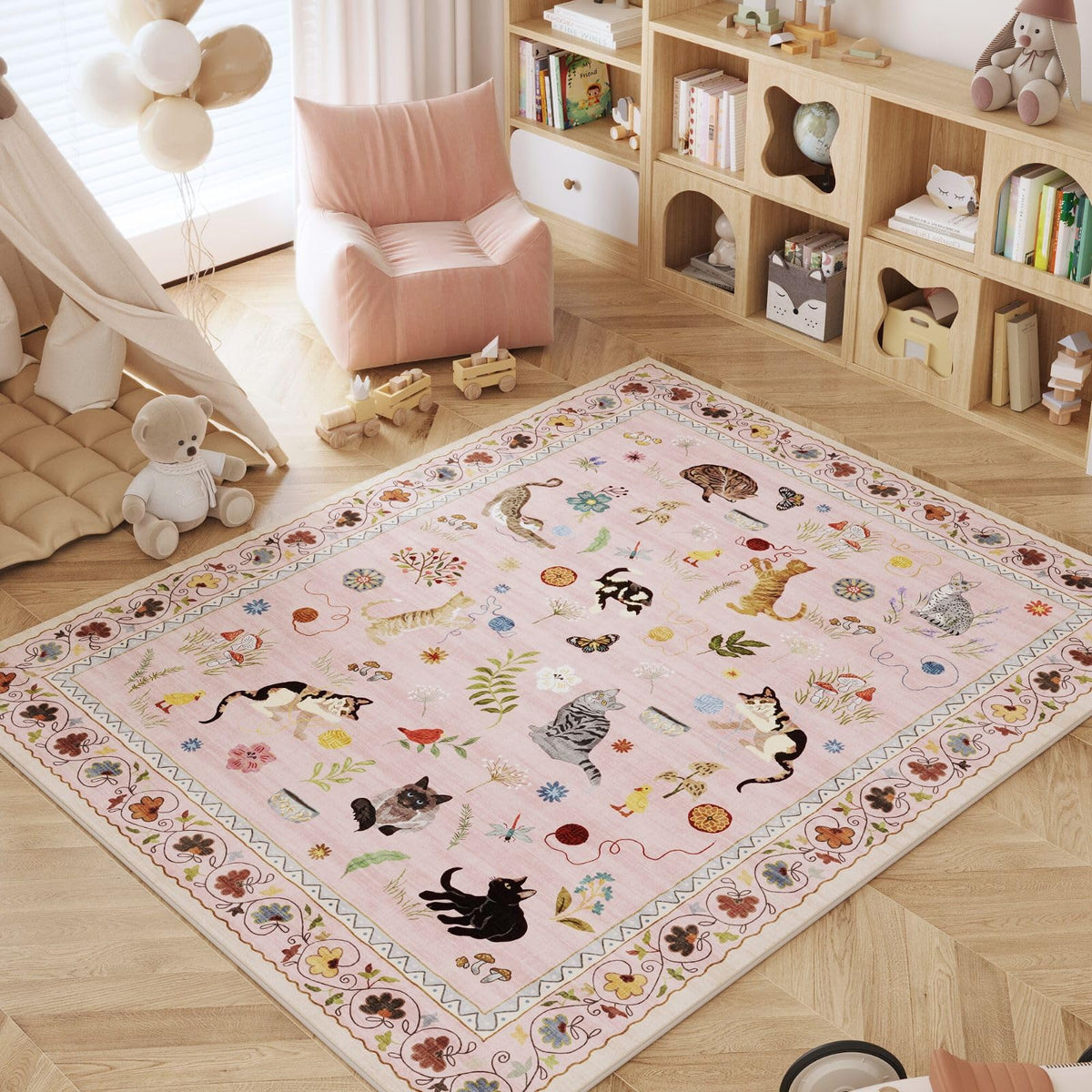 Rugcomf kid-friendly pet-friendly rug reduces mess while adding color and texture.