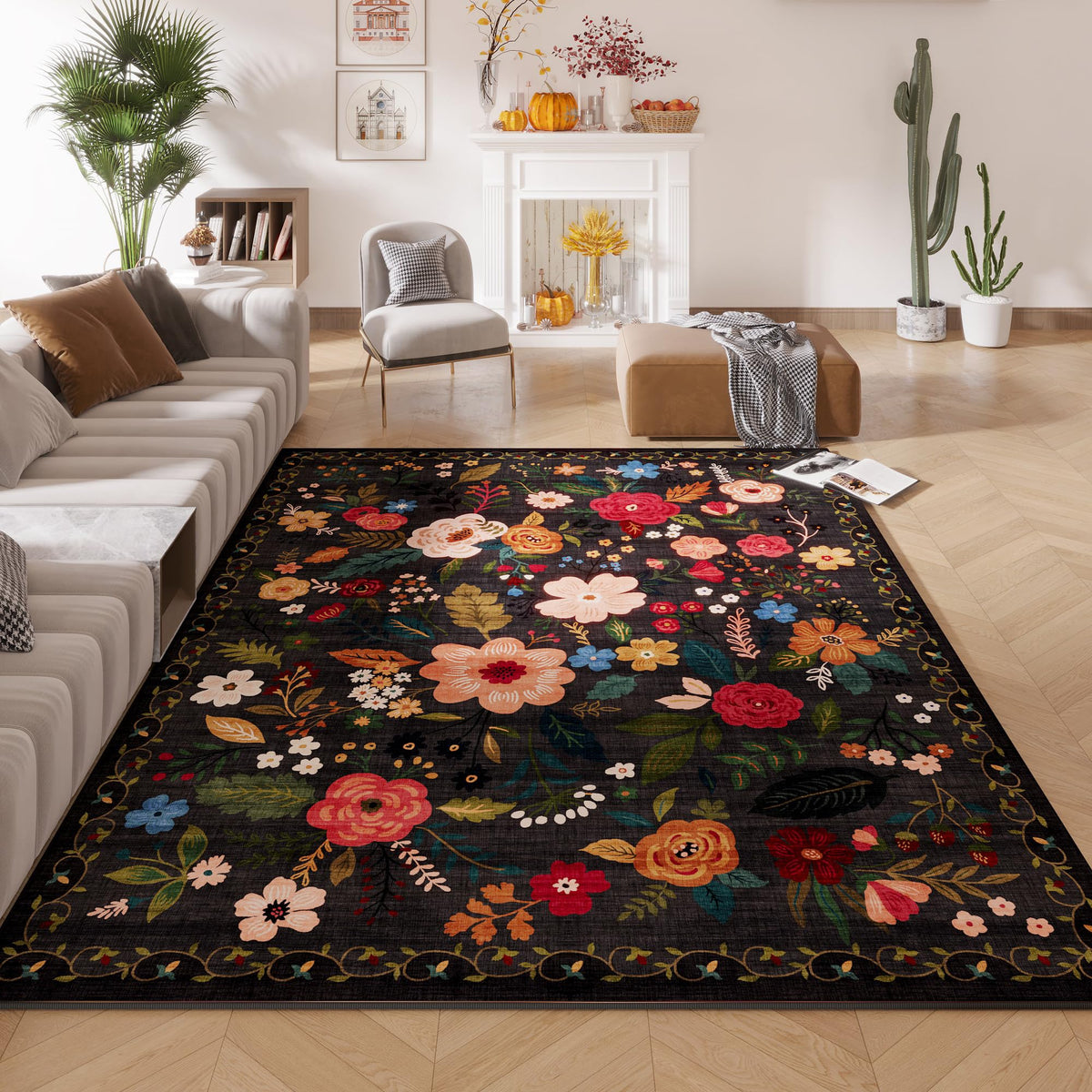 Rugcomf boho floral living room rug adds warmth and style.