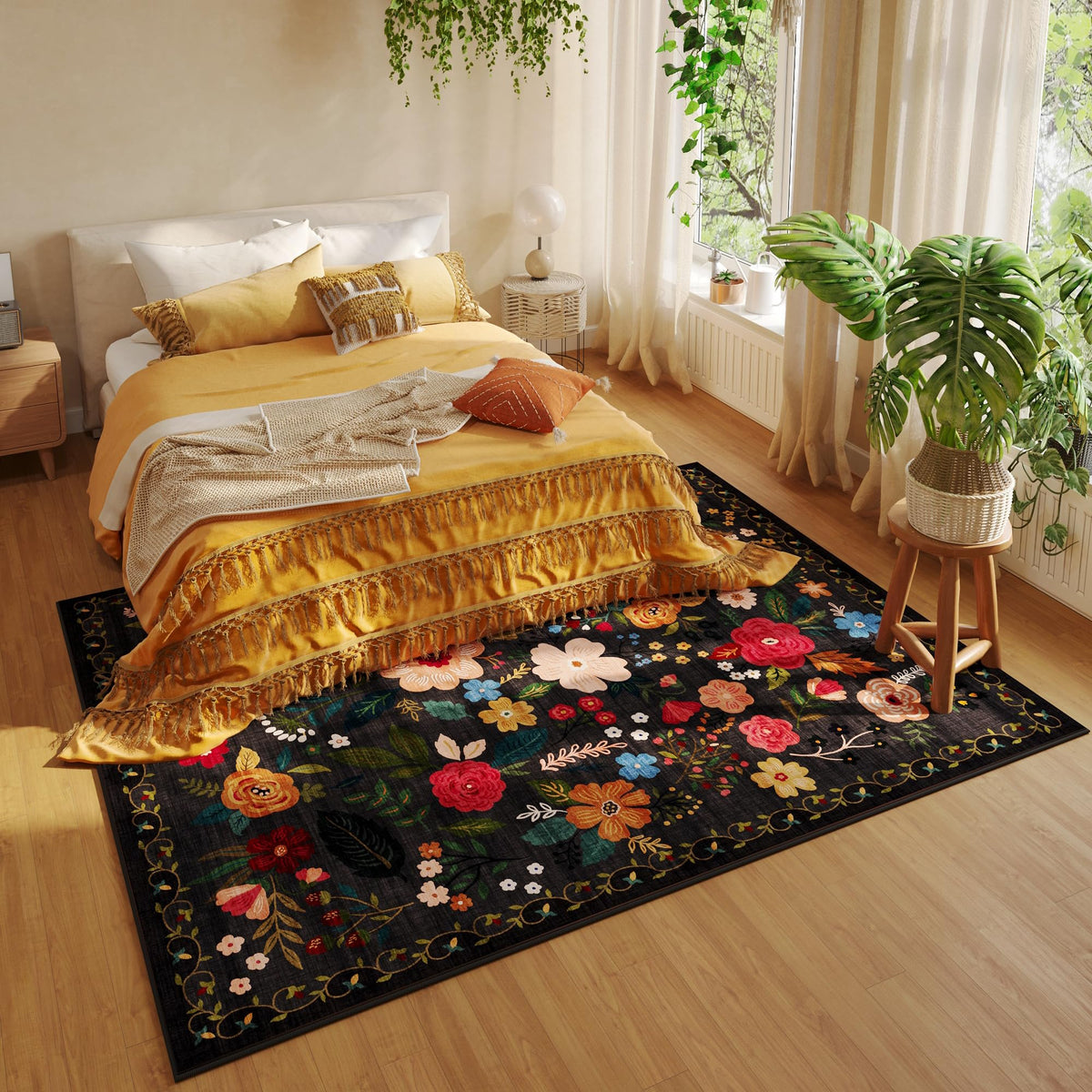 Rugcomf low-pile rug fits under furniture.