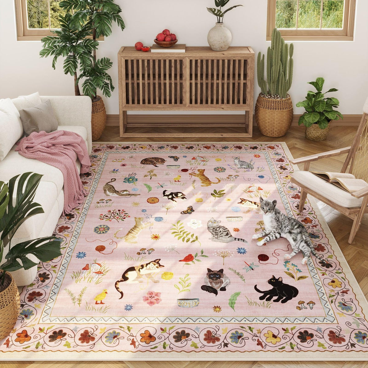 Rugcomf living room rug 5x7 pink floral animal pattern enhances cozy spaces.