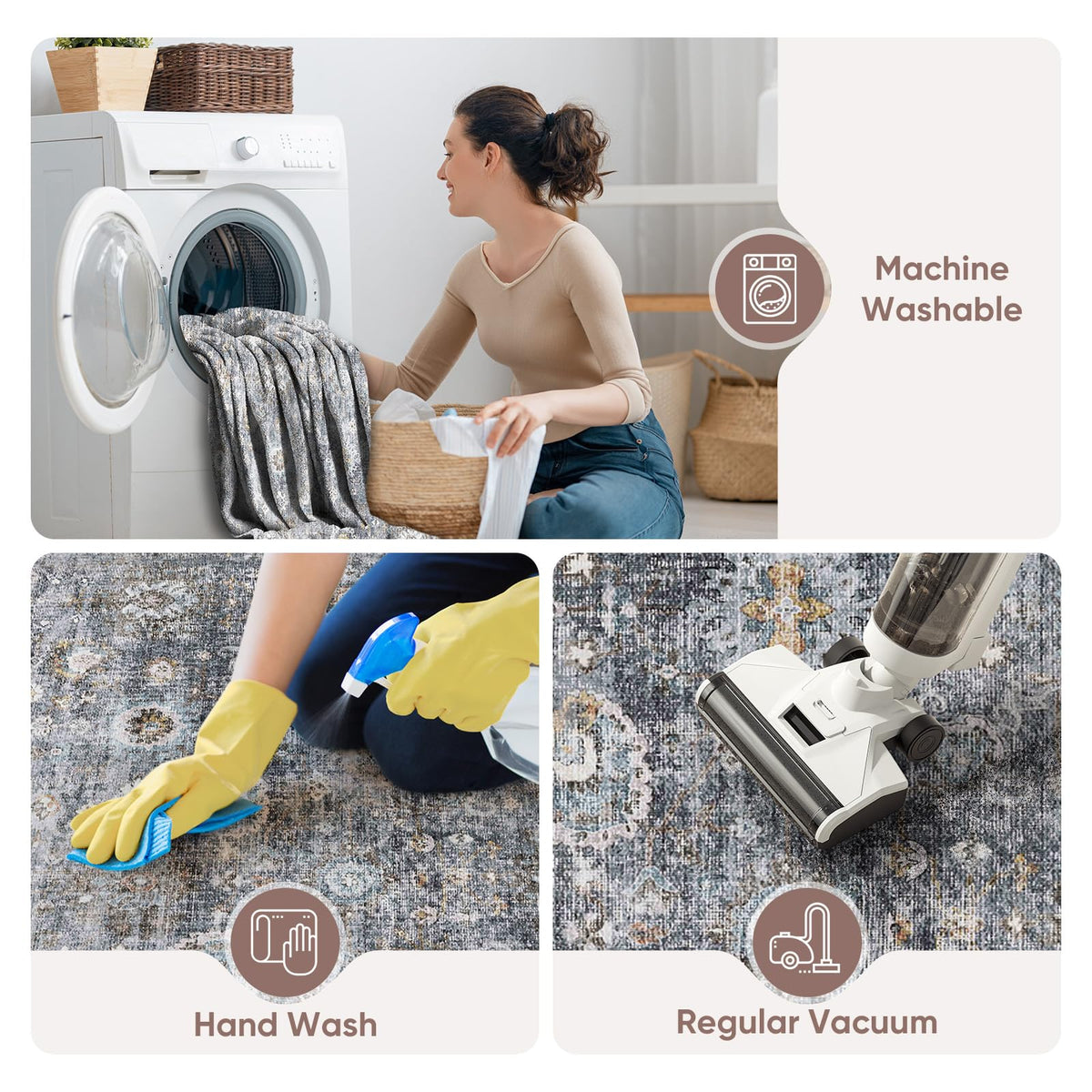 Rugcomf machine-washable rug shown for effortless cleanup after spills.