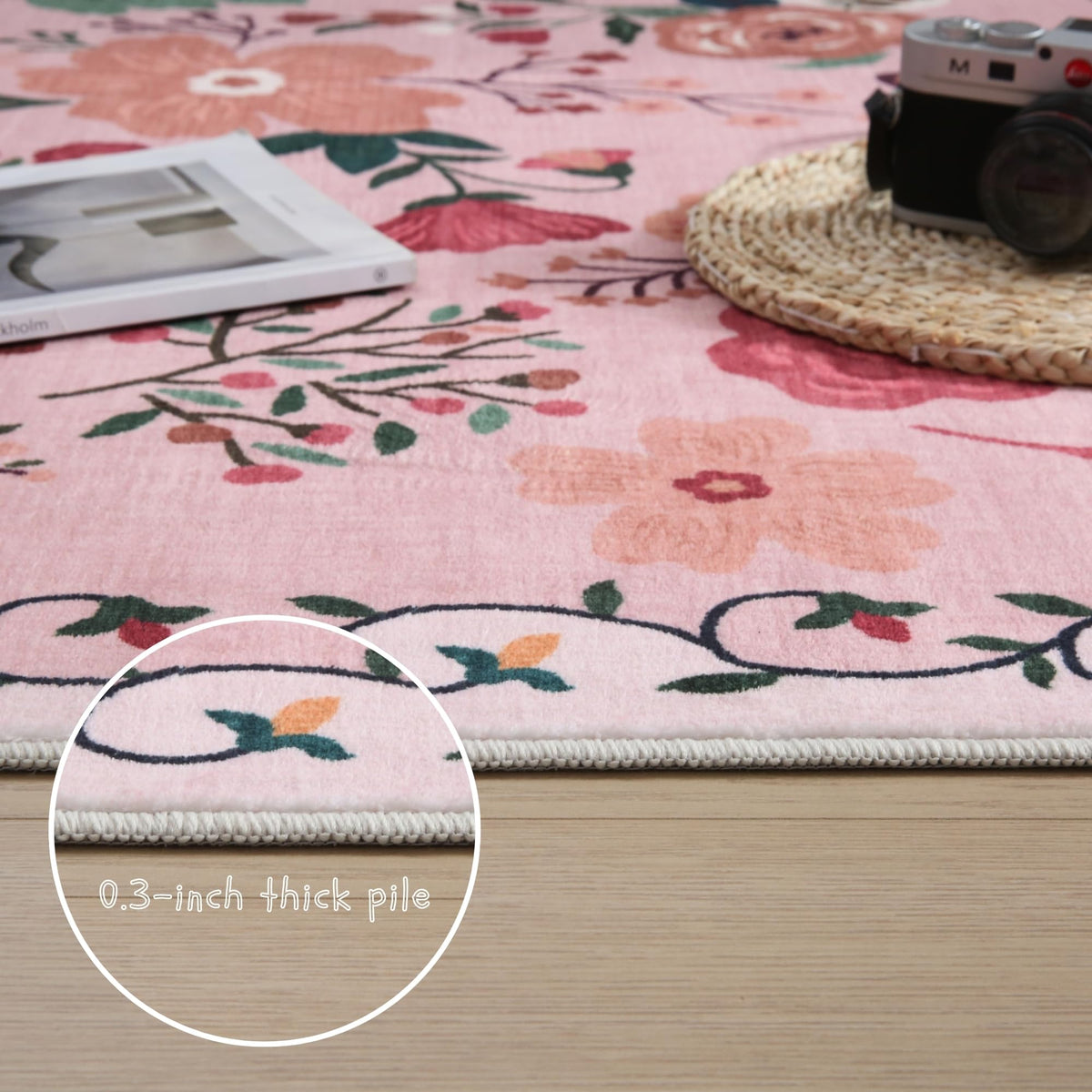 Rugcomf pink boho floral rug ideal for kitchen or entry spaces.