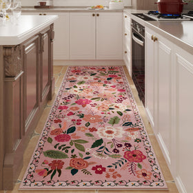Rugcomf pink runner rug in hallway with non-slip backing for stable footing