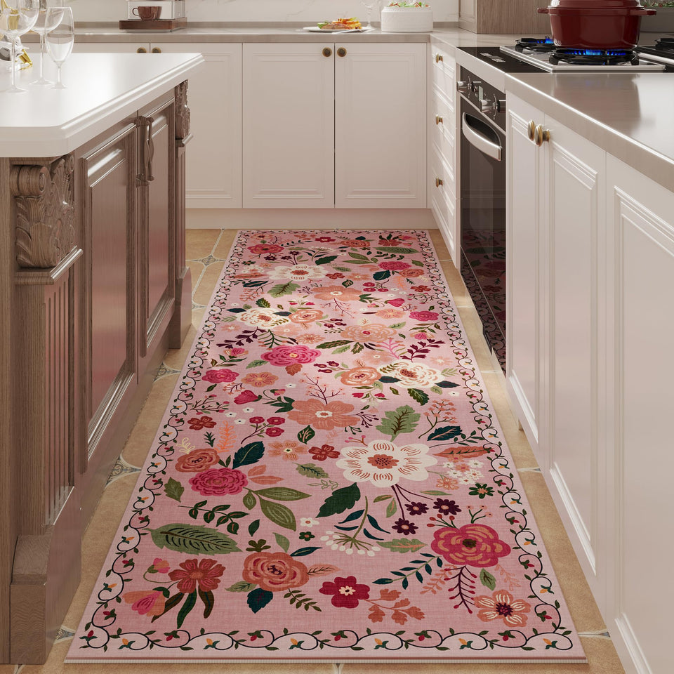 Rugcomf pink runner rug in hallway with non-slip backing for stable footing