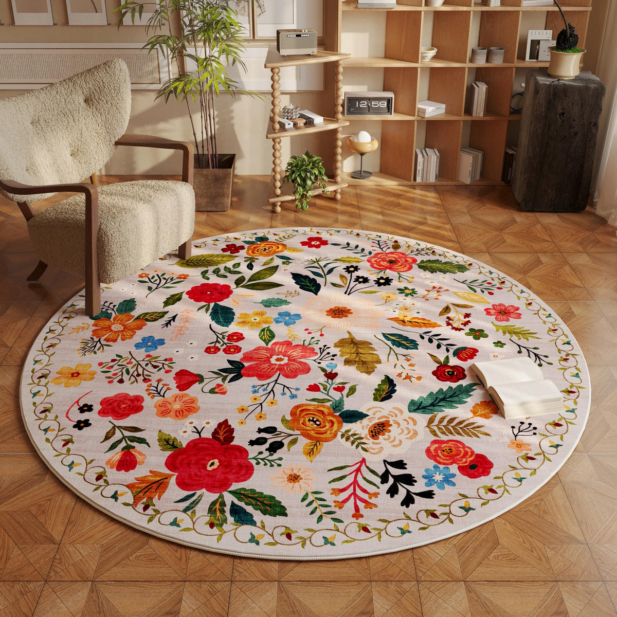 Rugcomf round rug 4ft beige with soft, warm texture for any room.