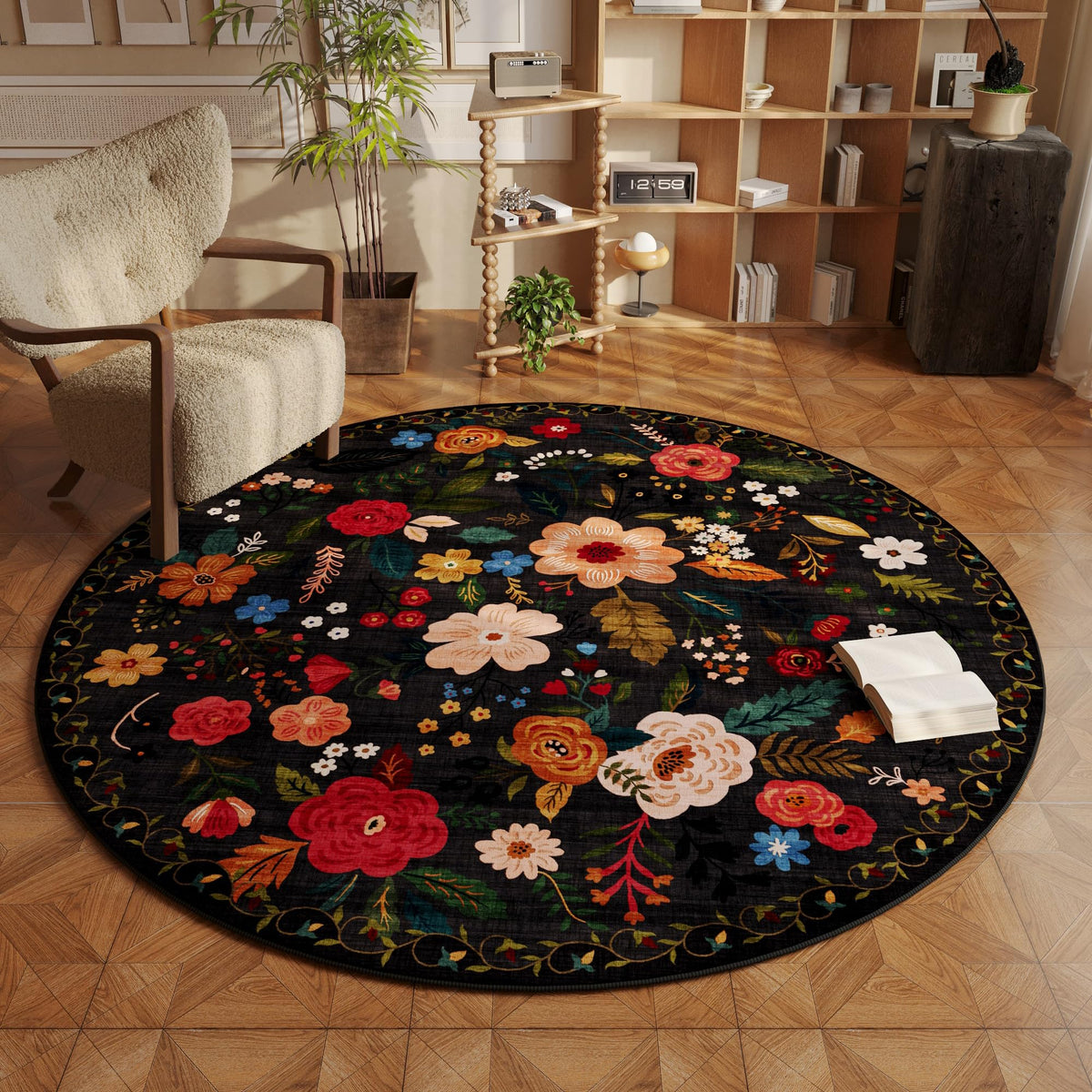 Rugcomf round 4ft black rug with non-slip backing for safe placement in living areas