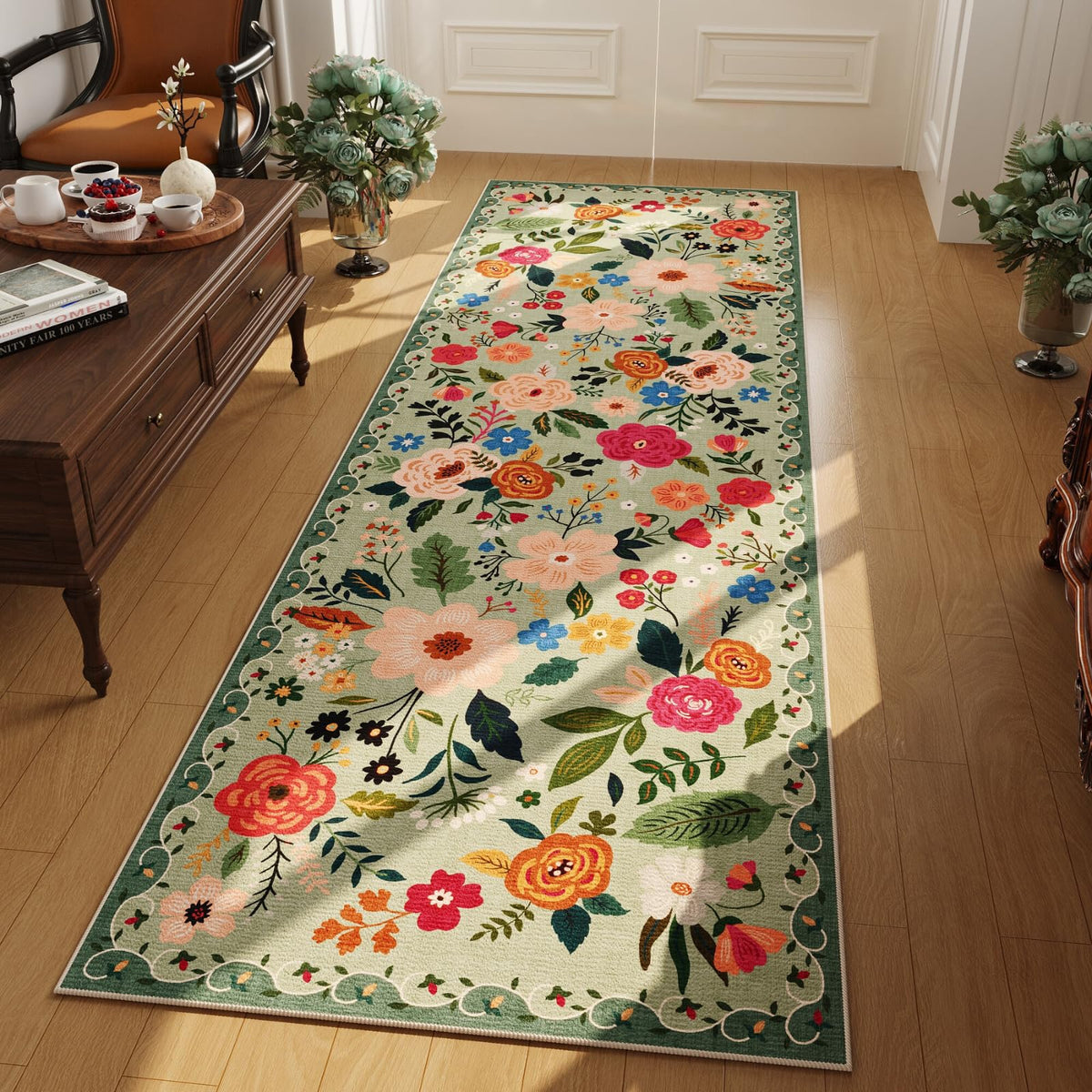 Rugcomf runner rug in green with a vintage medallion pattern for hallways