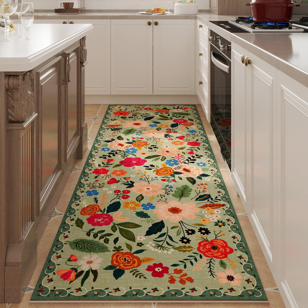 Rugcomf Runner hallway-green with floral detail offering cozy underfoot.