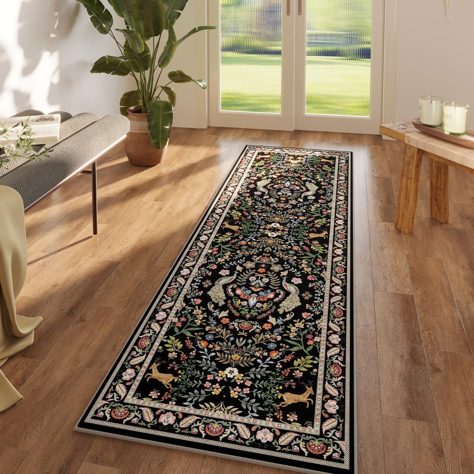 Rugcomf Runner with washable kitchen floral design adds color to entryways and easy spills cleanup.
