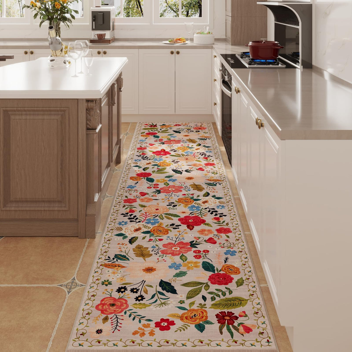 Rugcomf kitchen runner floral beige adds soft texture to busy spaces