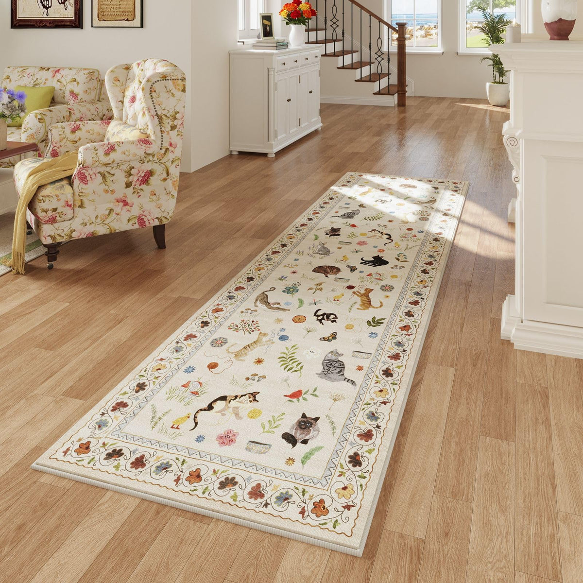 Rugcomf washable runner beige floral print for quick cleaning.