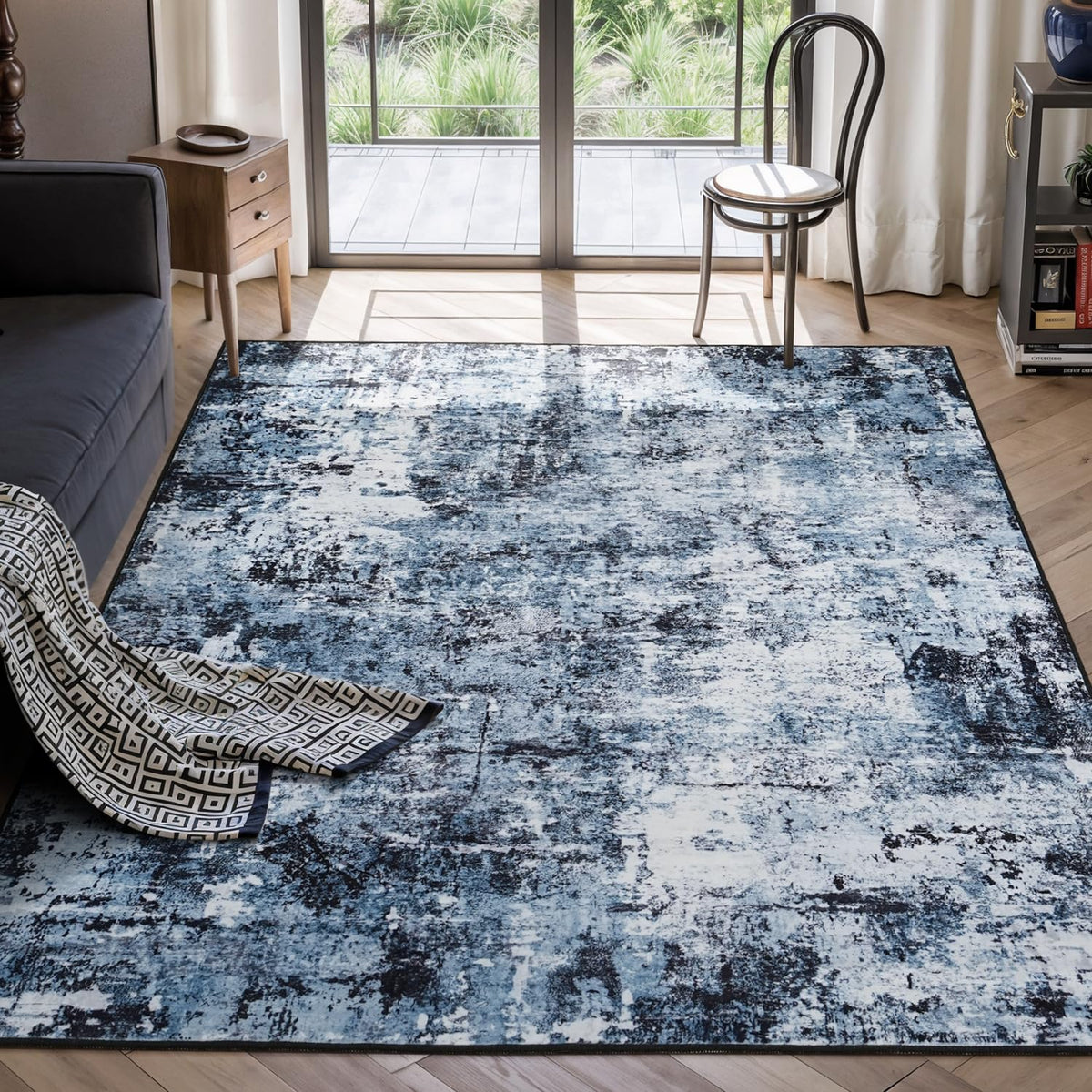 Rugflix 5x7 rug with abstract design in nebula tones, adds depth to living spaces.