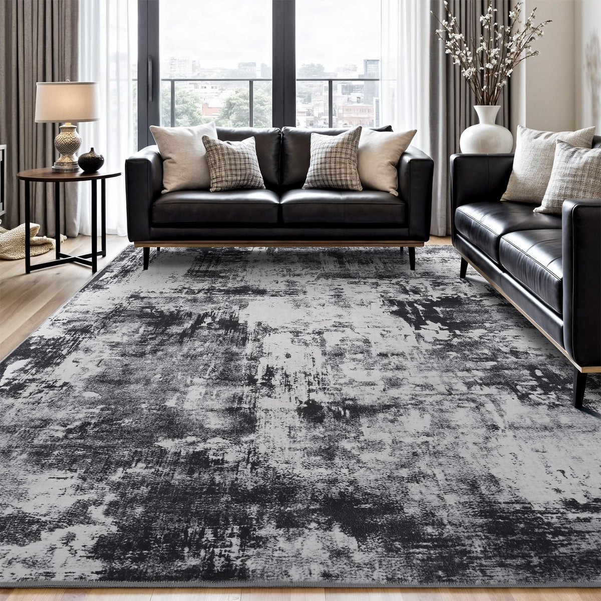 Rugflix 8x10 living room rug with abstract dark design hides messes while tying room decor