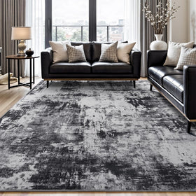 Rugflix 8x10 living room rug with abstract dark design hides messes while tying room decor