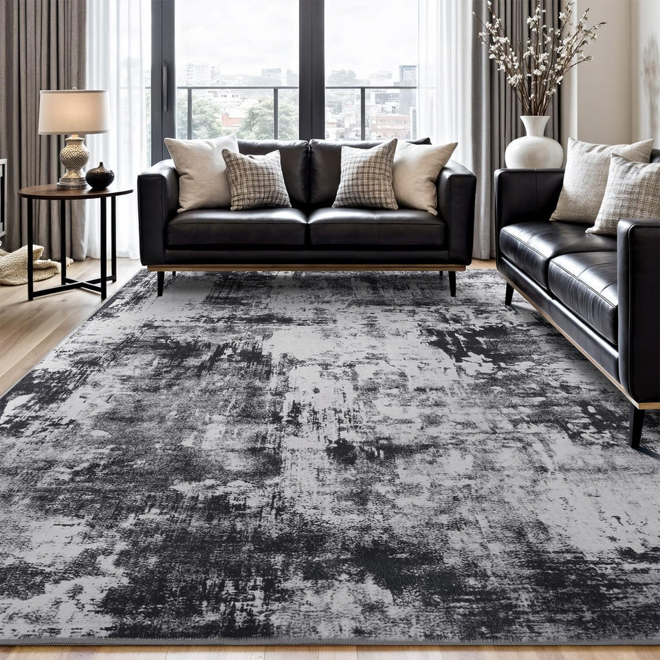 Rugflix 8x10 living room rug with abstract dark design hides messes while tying room decor