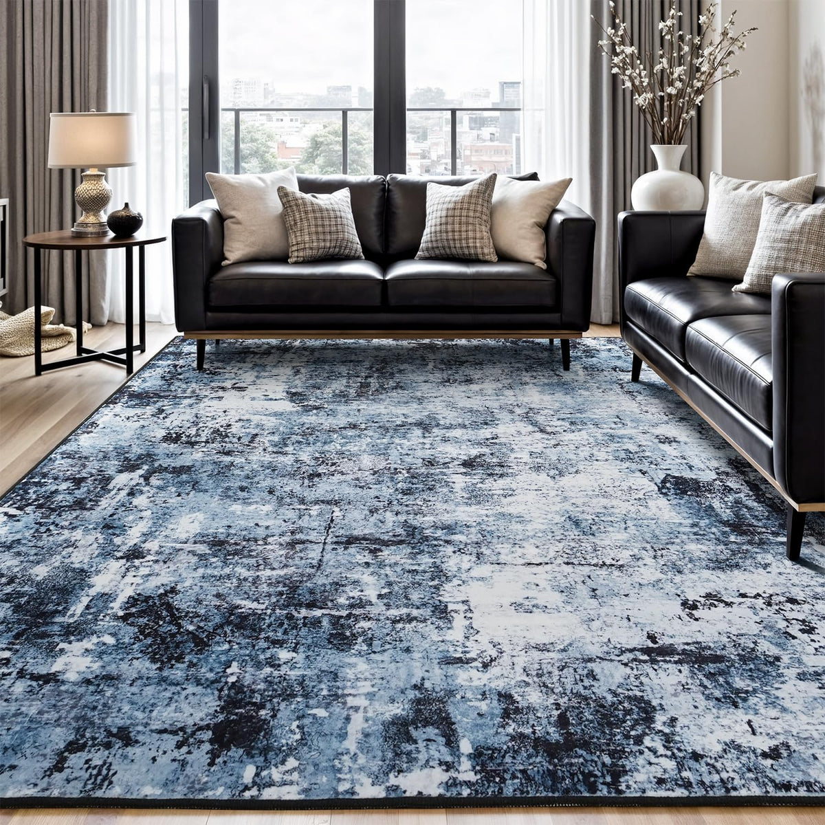 Rugflix abstract rug with ocean-inspired pattern that helps hide messes in living rooms.