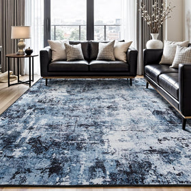 Rugflix abstract rug with ocean-inspired pattern that helps hide messes in living rooms.