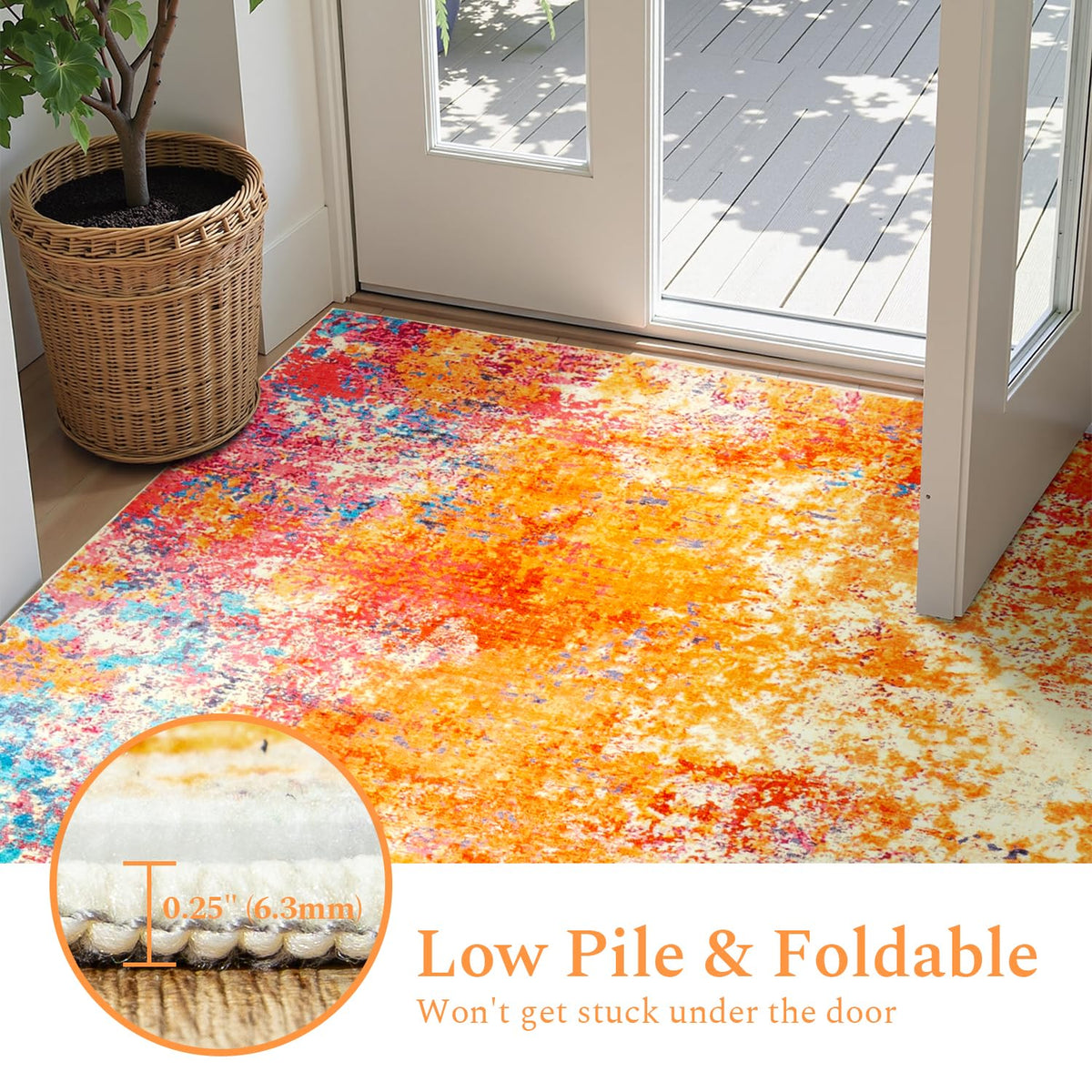 Rugflix kids-friendly scene highlights safe family lounging on color-rich surface.
