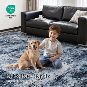 Rugflix living room coverage provides a modern navy and black centerpiece.