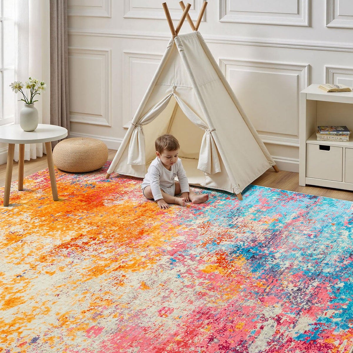 Rugflix modern abstract rug colorful ambience demonstrates versatile decor for living rooms.