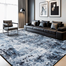 Rugflix navy blue black colorway complements modern home decor.