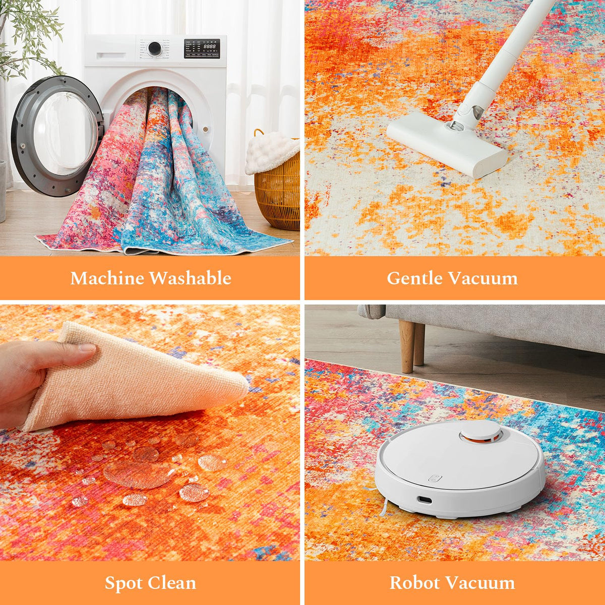 Rugflix non-slip backing image demonstrates secure grip on various floor types.