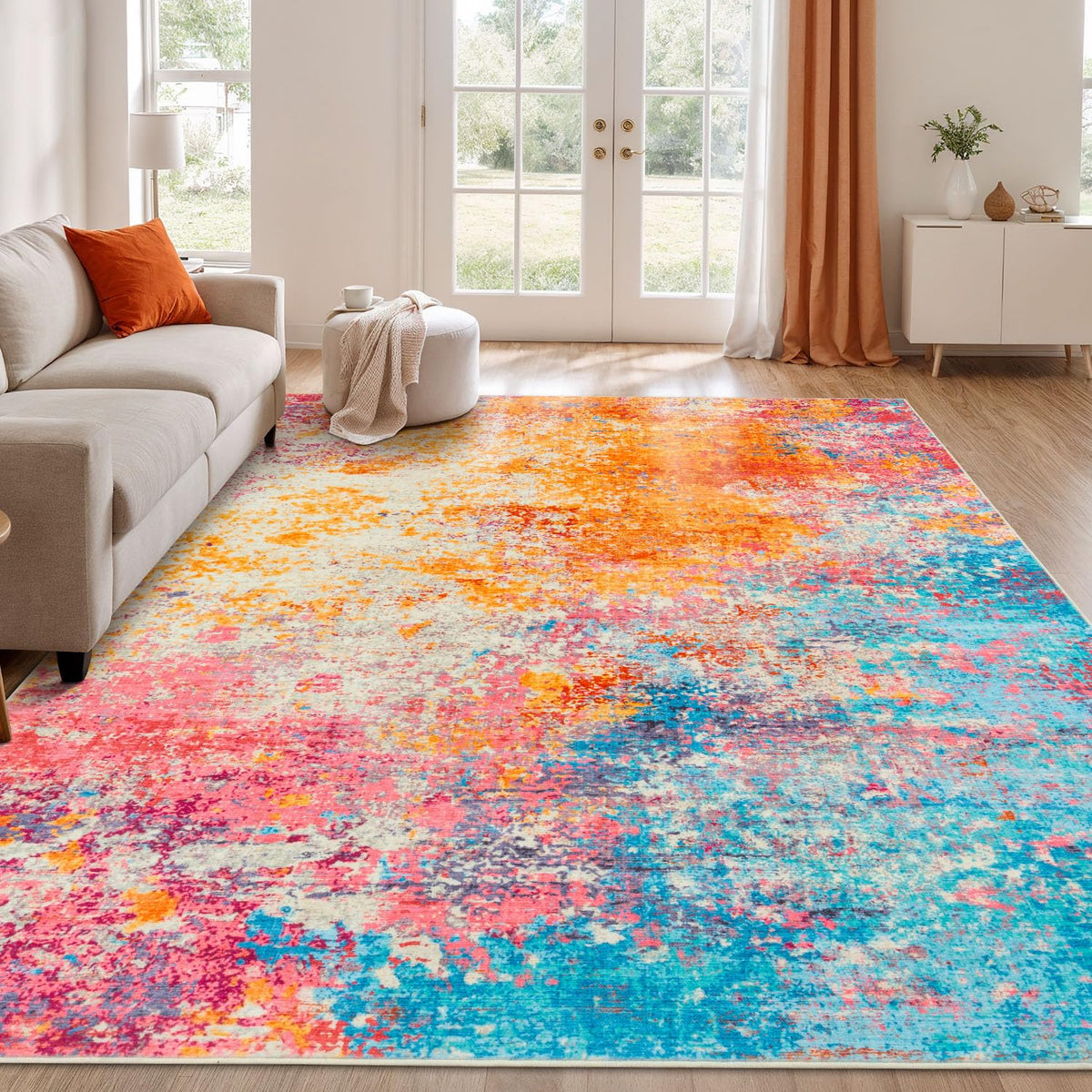 Rugflix rainbow area rug main shot shows a washable, stain-resistant centerpiece.