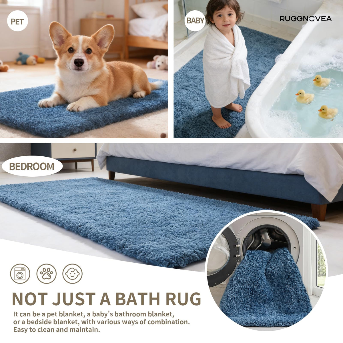Ruggnovea blue bath rug suits tub and shower areas for everyday use.